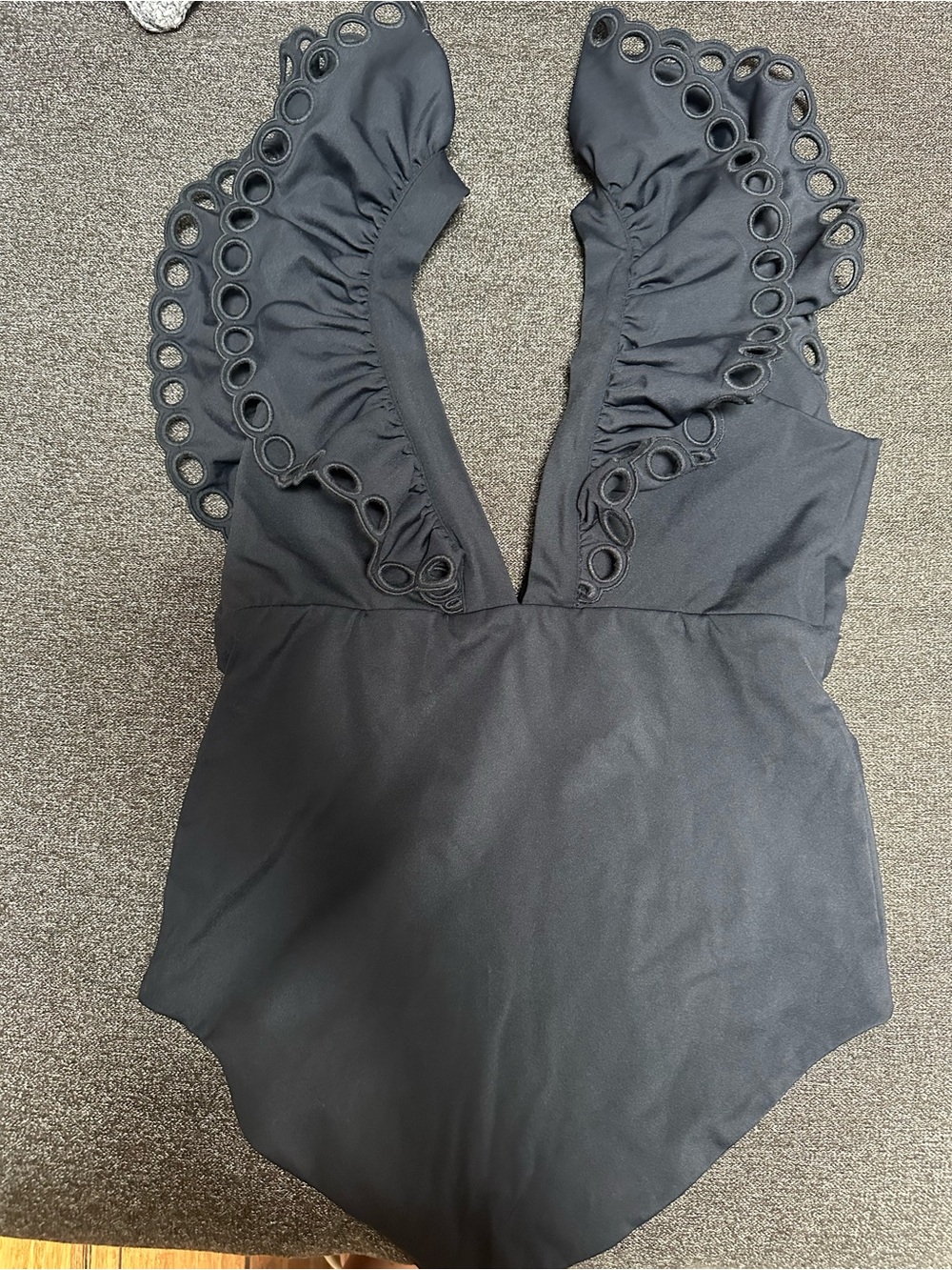 Ramy Brook Black One-Piece Swimsuit with Eyelet Ruffle V-Neck